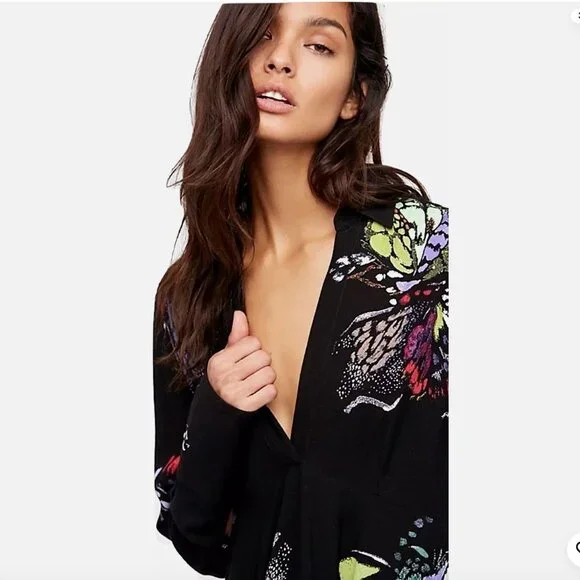 Free People Medium Field of Butterflies Tunic Dress Top High Low Black - Picture 3 of 16